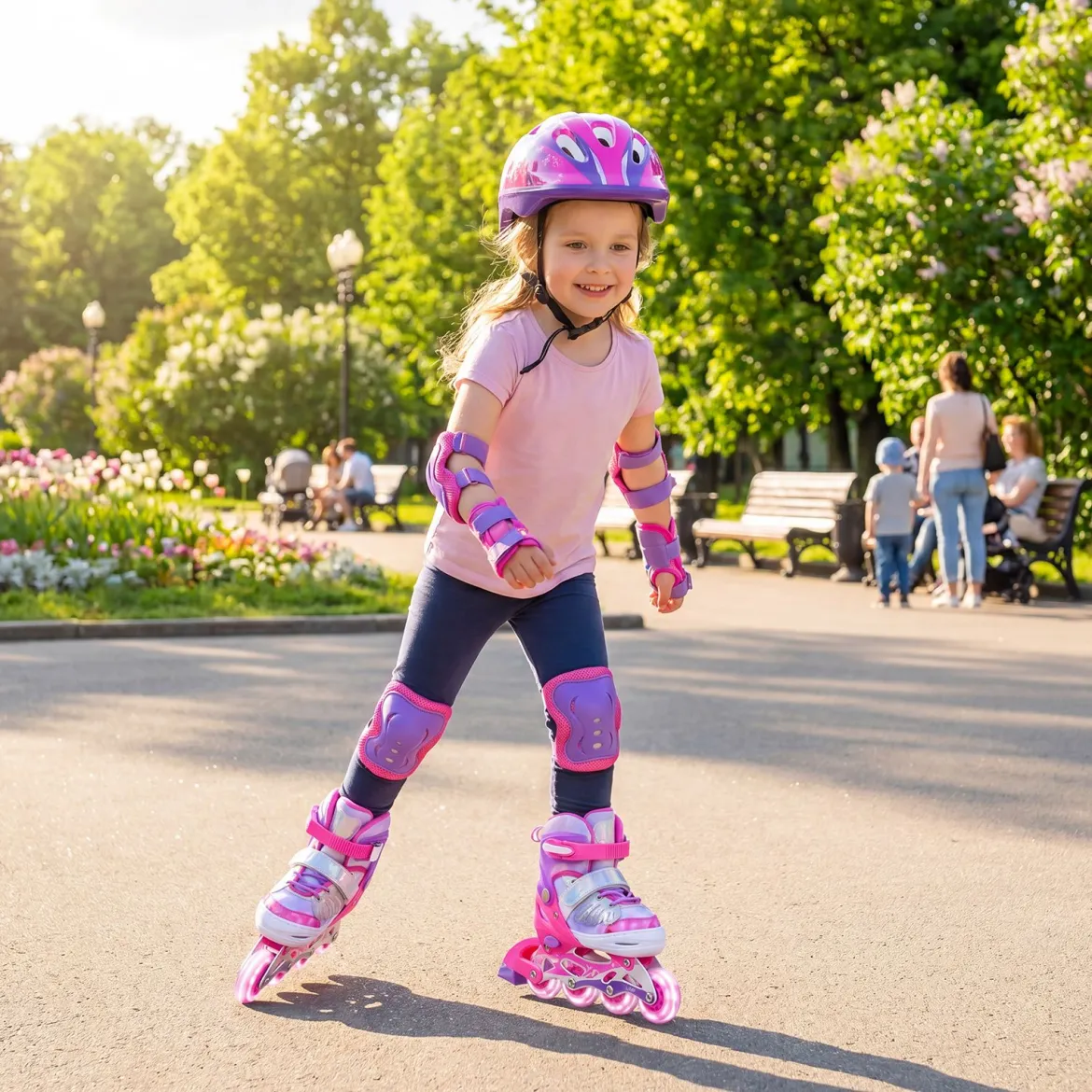 Inliner für Kinder Inline Skates 4 Größen Verstellbar Kinderrollschuhe mit Leuchtenden Rädern Blau/Rosa S/M/L