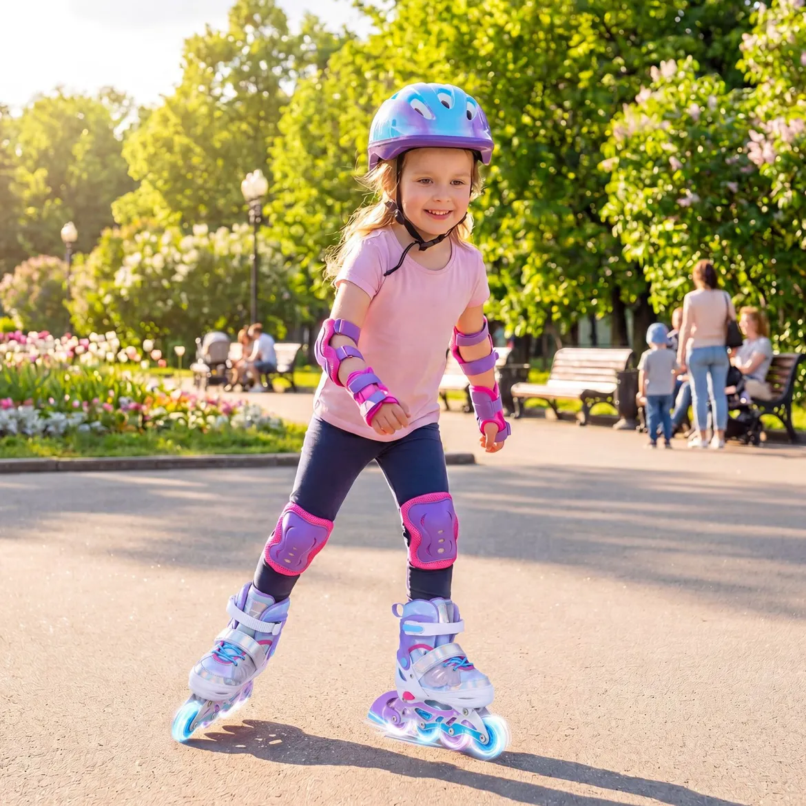 Inliner für Kinder Inline Skates 4 Größen Verstellbar Kinderrollschuhe mit Leuchtenden Rädern Blau/Rosa S/M/L