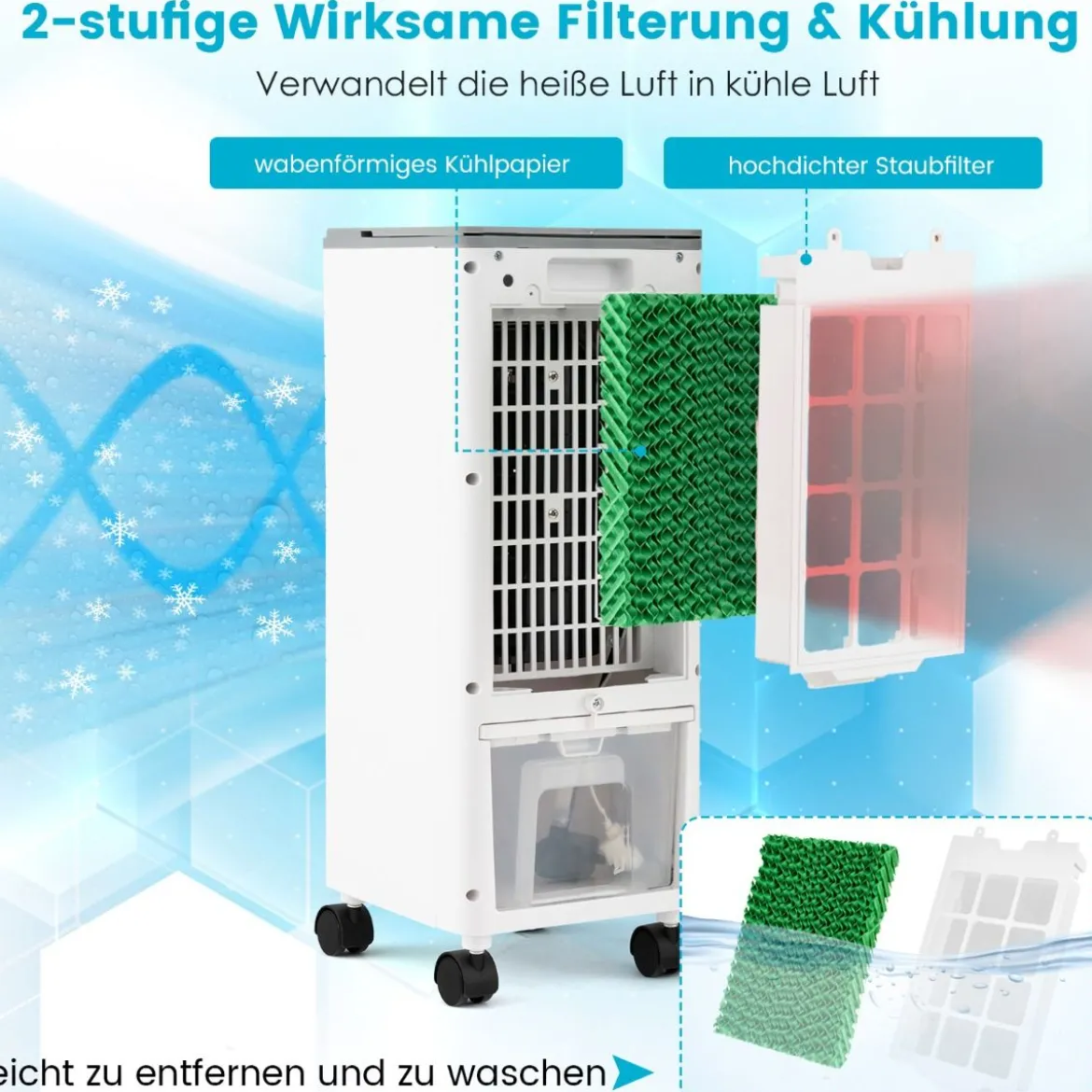 3 in 1 Luftkühler & Ventilator & Luftbefeuchter mit 3 Modi & 12H Timer Grau+Weiß