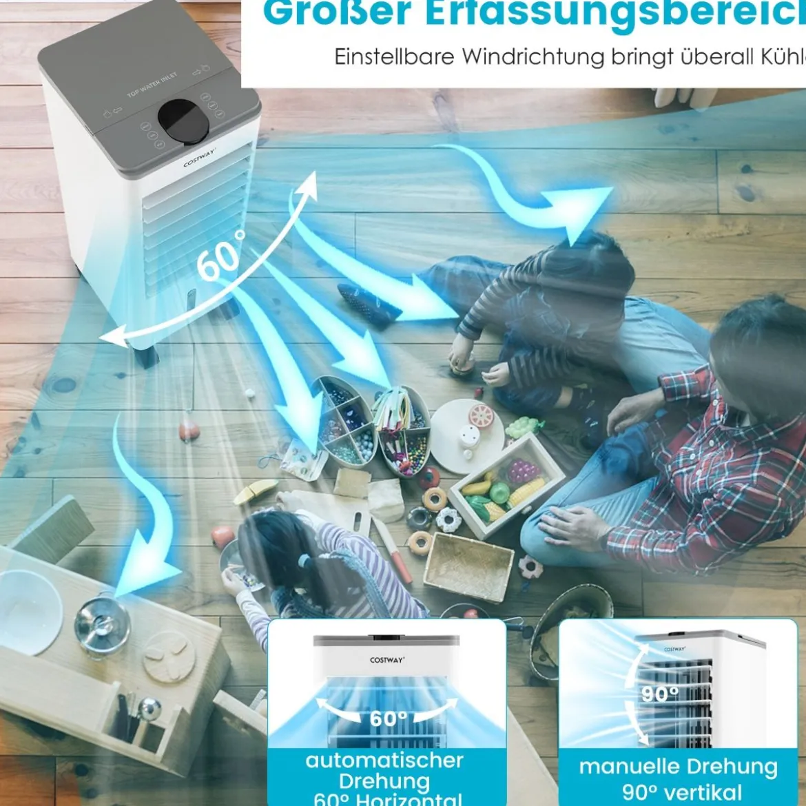 3 in 1 Luftkühler & Ventilator & Luftbefeuchter mit 3 Modi & 12H Timer Grau+Weiß
