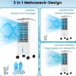 3 in 1 Luftkühler & Ventilator & Luftbefeuchter mit 3 Modi & 12H Timer Grau+Weiß