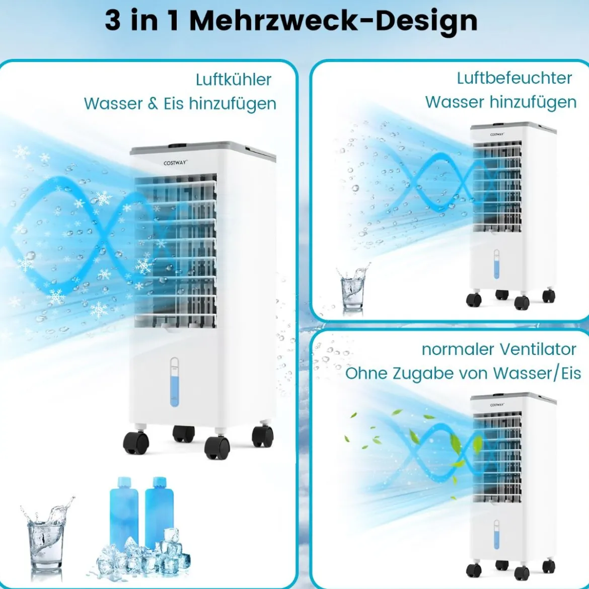 3 in 1 Luftkühler & Ventilator & Luftbefeuchter mit 3 Modi & 12H Timer Grau+Weiß