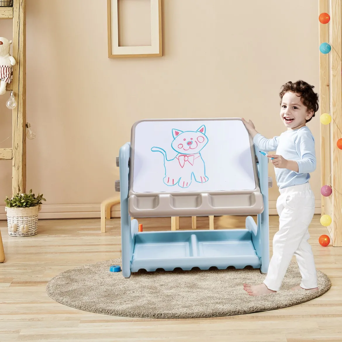 2 in 1 Magnetische Maltafel Kinderschreibtisch mit höhen- und neigungsverstellbarer Tischplatte Blau