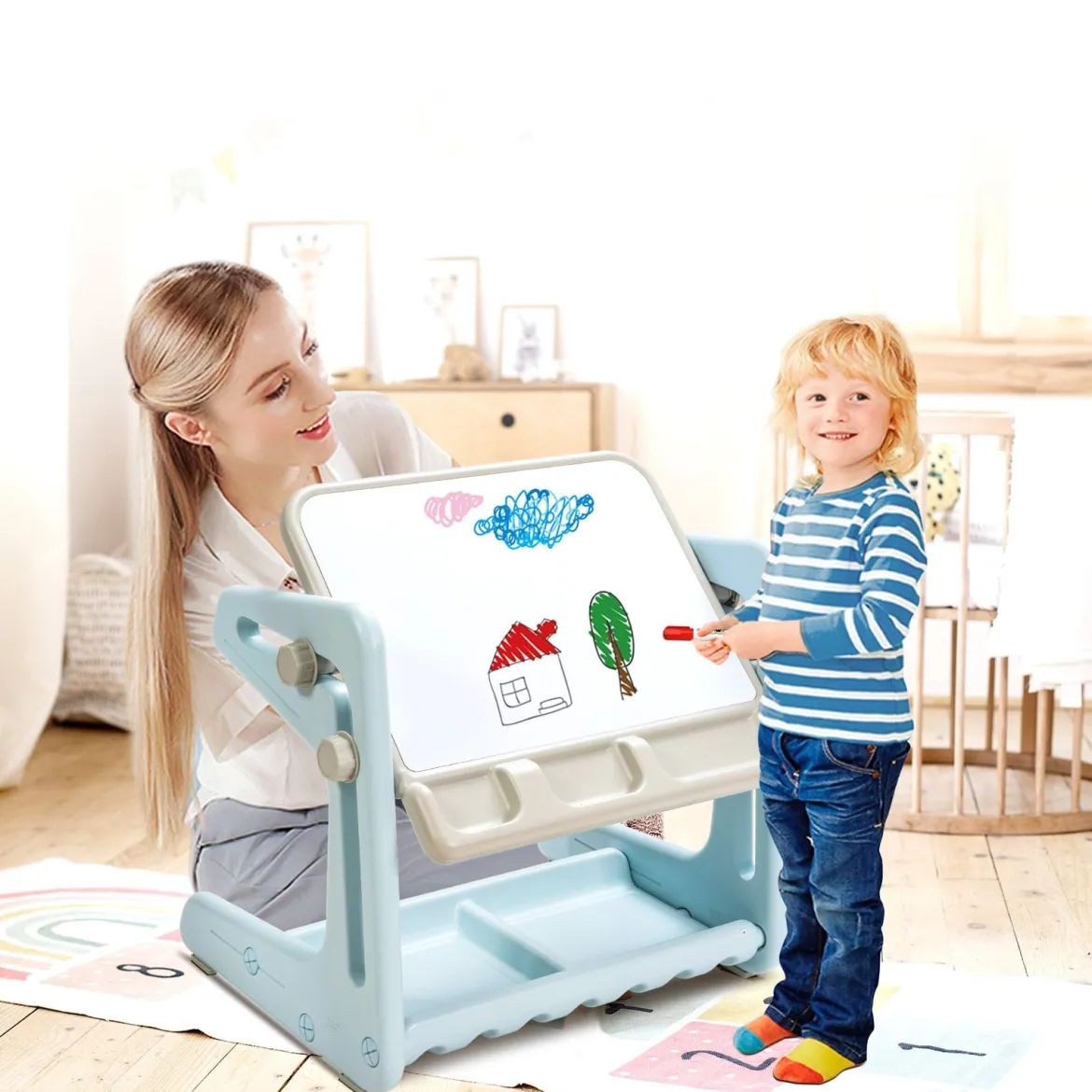 2 in 1 Magnetische Maltafel Kinderschreibtisch mit höhen- und neigungsverstellbarer Tischplatte Blau