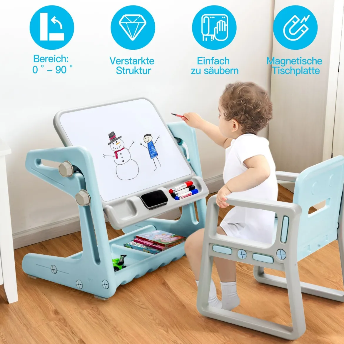 2 in 1 Magnetische Maltafel Kinderschreibtisch mit höhen- und neigungsverstellbarer Tischplatte Blau