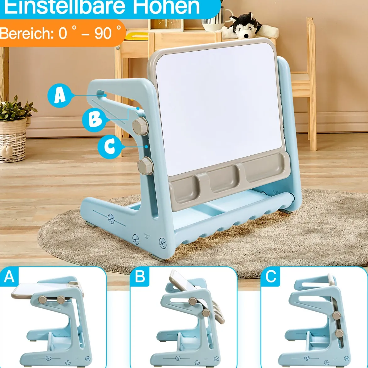 2 in 1 Magnetische Maltafel Kinderschreibtisch mit höhen- und neigungsverstellbarer Tischplatte Blau