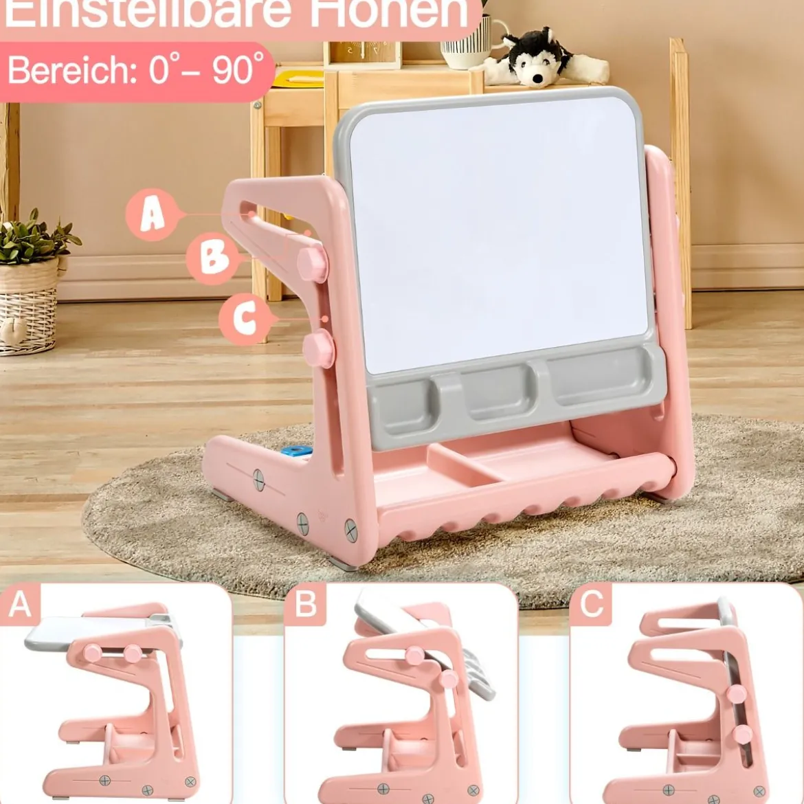 2 in 1 Magnetische Maltafel mit Hocker & Malzubehör Kinderschreibtisch Höhenverstellbar Rosa