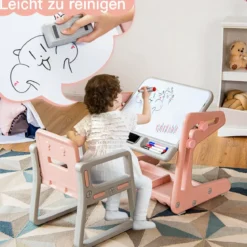 2 in 1 Magnetische Maltafel mit Hocker & Malzubehör Kinderschreibtisch Höhenverstellbar Rosa