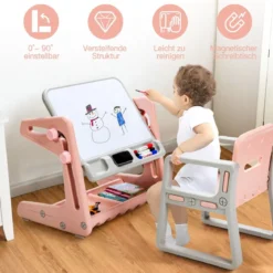 2 in 1 Magnetische Maltafel mit Hocker & Malzubehör Kinderschreibtisch Höhenverstellbar Rosa