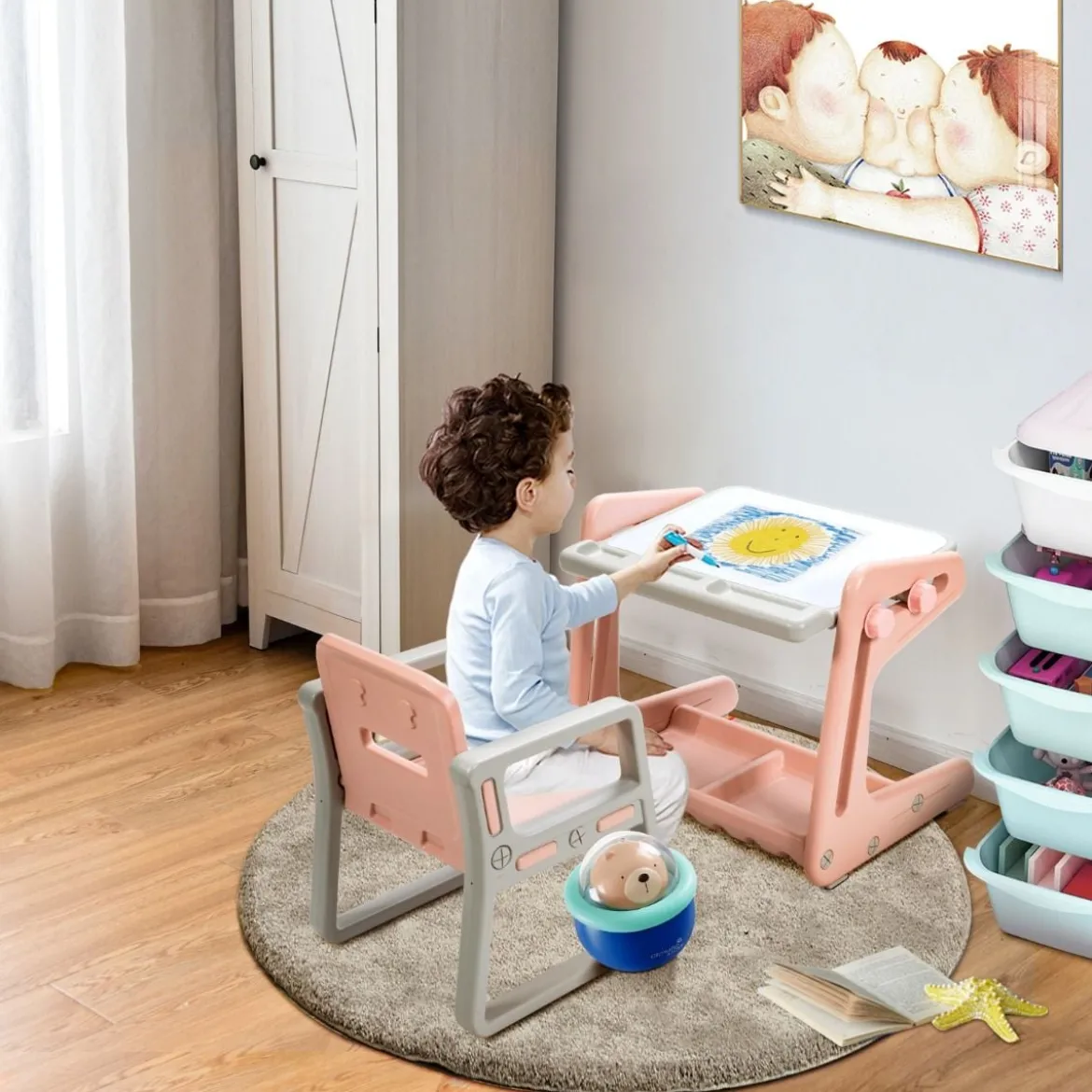 2 in 1 Magnetische Maltafel mit Hocker & Malzubehör Kinderschreibtisch Höhenverstellbar Rosa