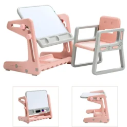 2 in 1 Magnetische Maltafel mit Hocker & Malzubehör Kinderschreibtisch Höhenverstellbar Rosa
