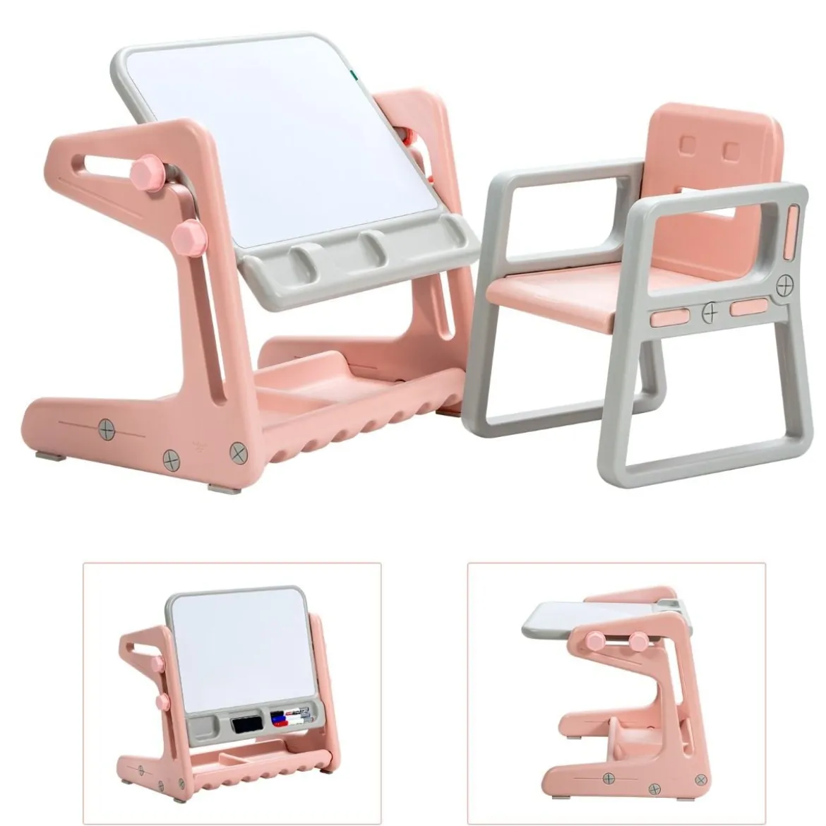 2 in 1 Magnetische Maltafel mit Hocker & Malzubehör Kinderschreibtisch Höhenverstellbar Rosa