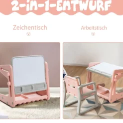 2 in 1 Magnetische Maltafel mit Hocker & Malzubehör Kinderschreibtisch Höhenverstellbar Rosa