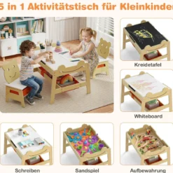 5 in 1 Maltisch mit Wendbarer Tafel & Whiteboard Kindersitzgruppe in Bärenform mit Stauraum Natur