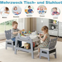 5 in 1 Maltisch mit Wendbarer Tafel & Whiteboard Kindersitzgruppe in Bärenform mit Stauraum Grau