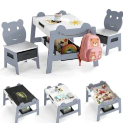 5 in 1 Maltisch mit Wendbarer Tafel & Whiteboard Kindersitzgruppe in Bärenform mit Stauraum Grau