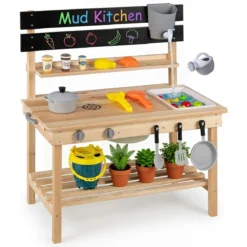 2 in 1 Matschküche Holz Spielküche mit Verschiebbarer Tafel Spülbecken Küchenutensilien und Zubehör