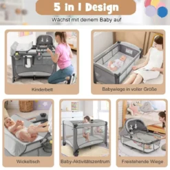 5 in 1 Mobile Babybett Wickeltisch & Wiege mit Spielzeug & Matratze & Tragetasche Grau
