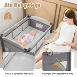 5 in 1 Mobile Babybett Wickeltisch & Wiege mit Spielzeug & Matratze & Tragetasche Grau