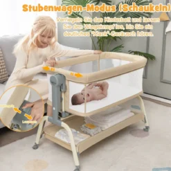 4 in 1 Mobiles Babybett mit Moskitonetz & Matratze & 6 Verstellbaren Höhen Beige