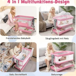 4 in 1 Mobiles Babybett mit Moskitonetz & Matratze & 6 Verstellbaren Höhen Rosa