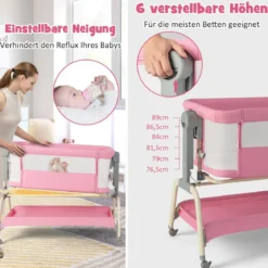 4 in 1 Mobiles Babybett mit Moskitonetz & Matratze & 6 Verstellbaren Höhen Rosa