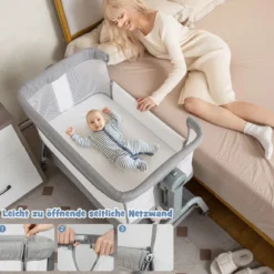 4 in 1 Mobiles Babybett mit Moskitonetz & Matratze & 6 Verstellbaren Höhen Grau