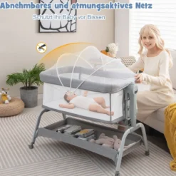 4 in 1 Mobiles Babybett mit Moskitonetz & Matratze & 6 Verstellbaren Höhen Grau