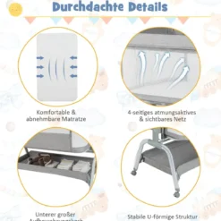 4 in 1 Mobiles Babybett mit Moskitonetz & Matratze & 6 Verstellbaren Höhen Grau