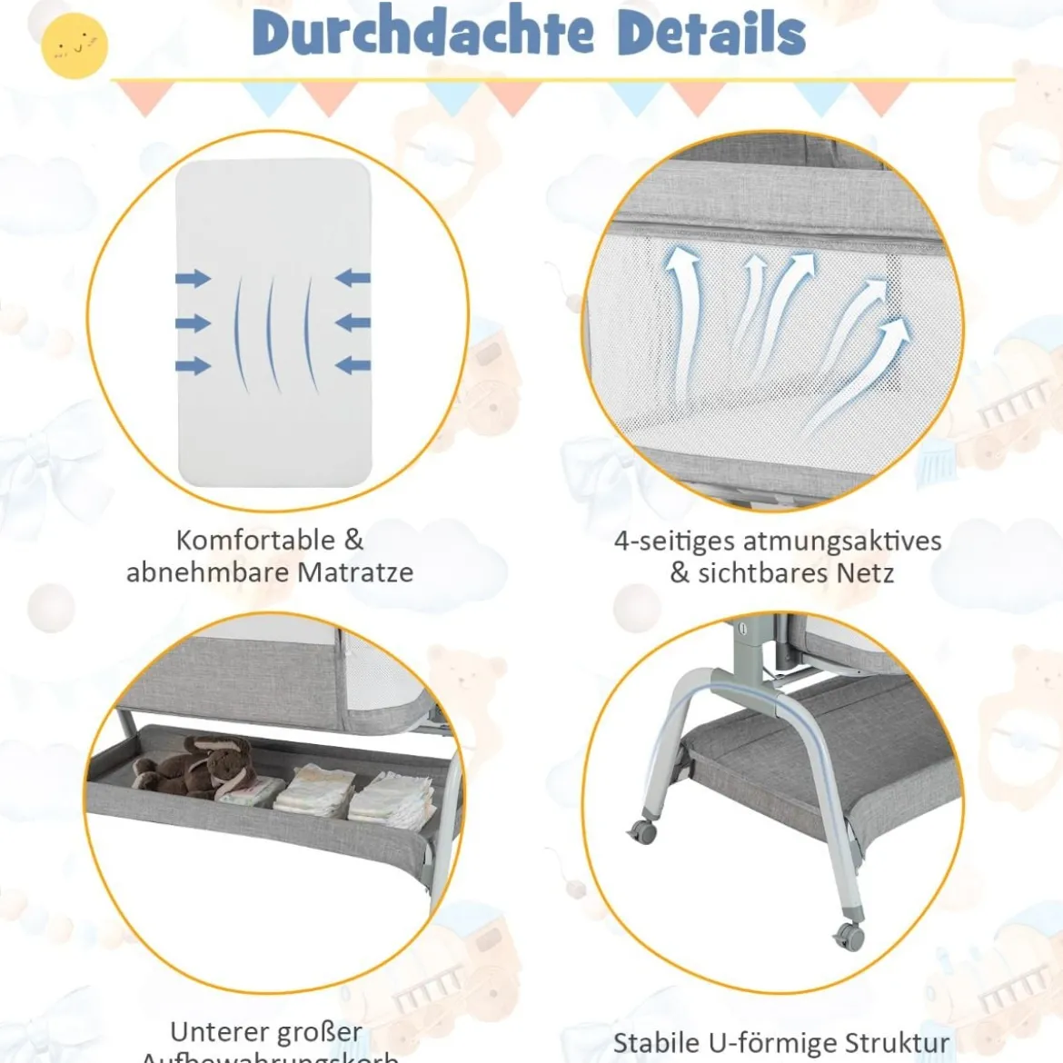 4 in 1 Mobiles Babybett mit Moskitonetz & Matratze & 6 Verstellbaren Höhen Grau
