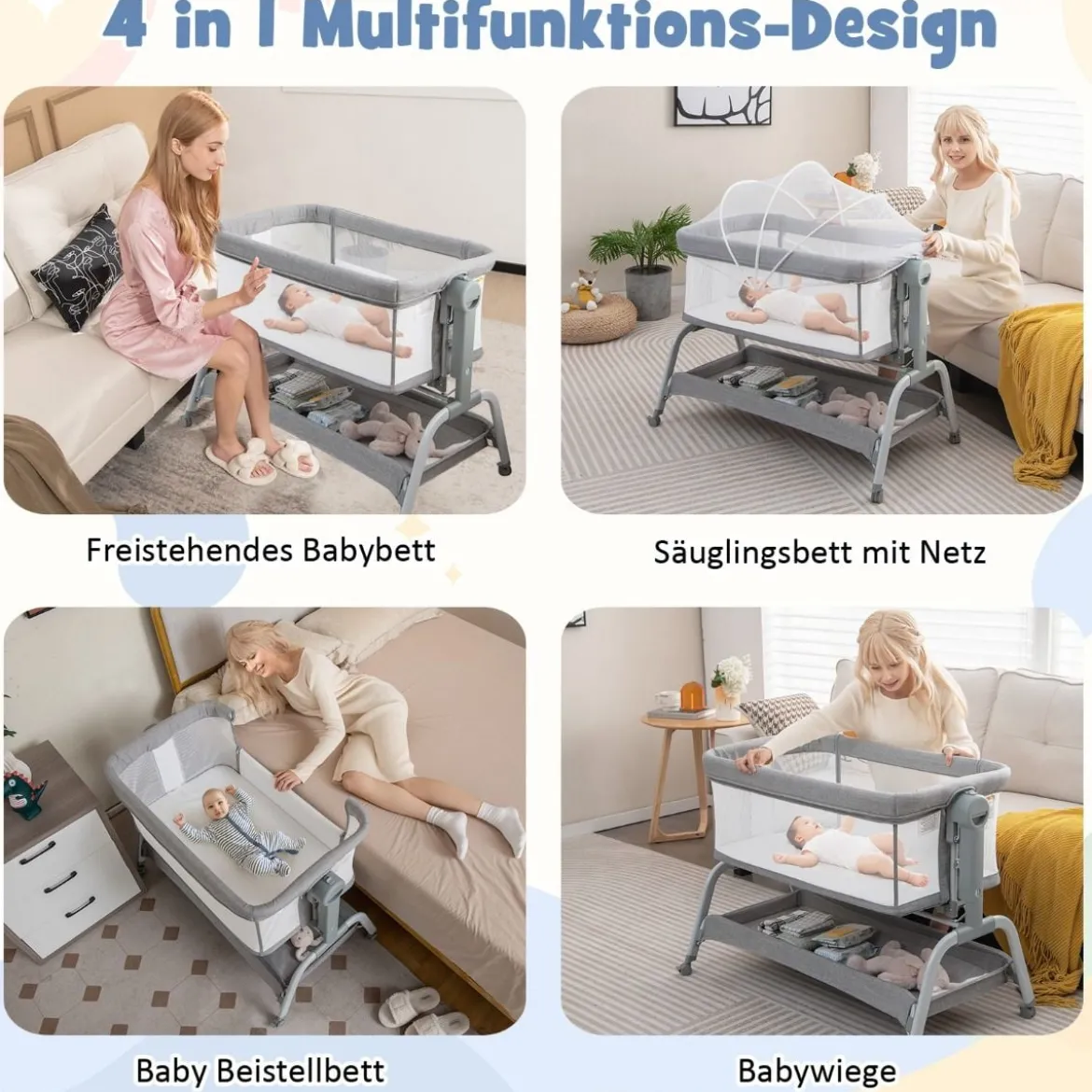 4 in 1 Mobiles Babybett mit Moskitonetz & Matratze & 6 Verstellbaren Höhen Grau