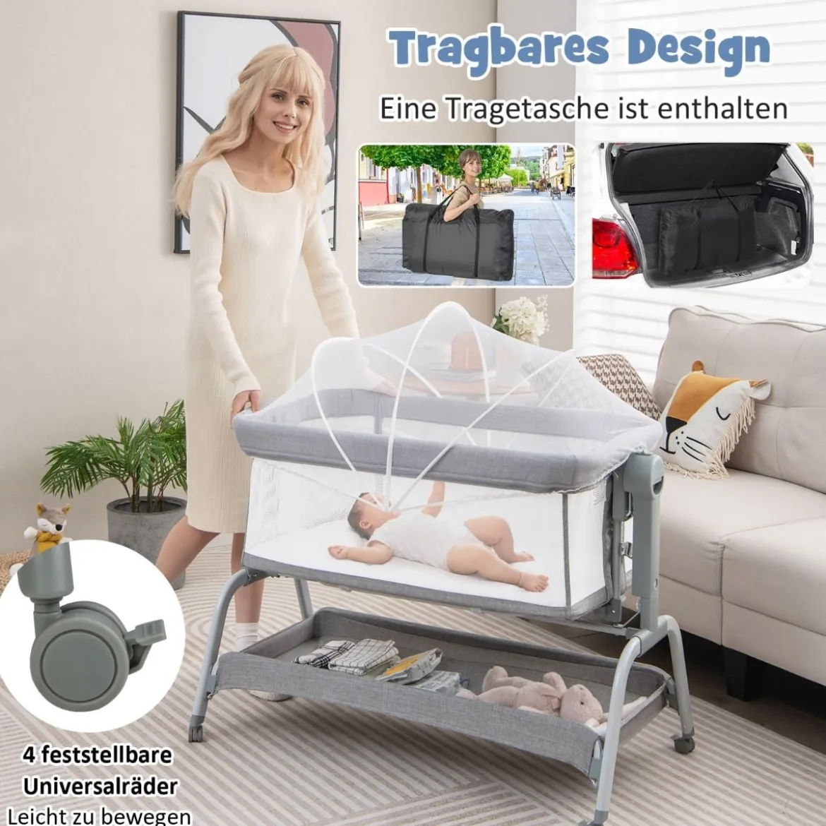 4 in 1 Mobiles Babybett mit Moskitonetz & Matratze & 6 Verstellbaren Höhen Grau