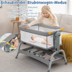 4 in 1 Mobiles Babybett mit Moskitonetz & Matratze & 6 Verstellbaren Höhen Grau