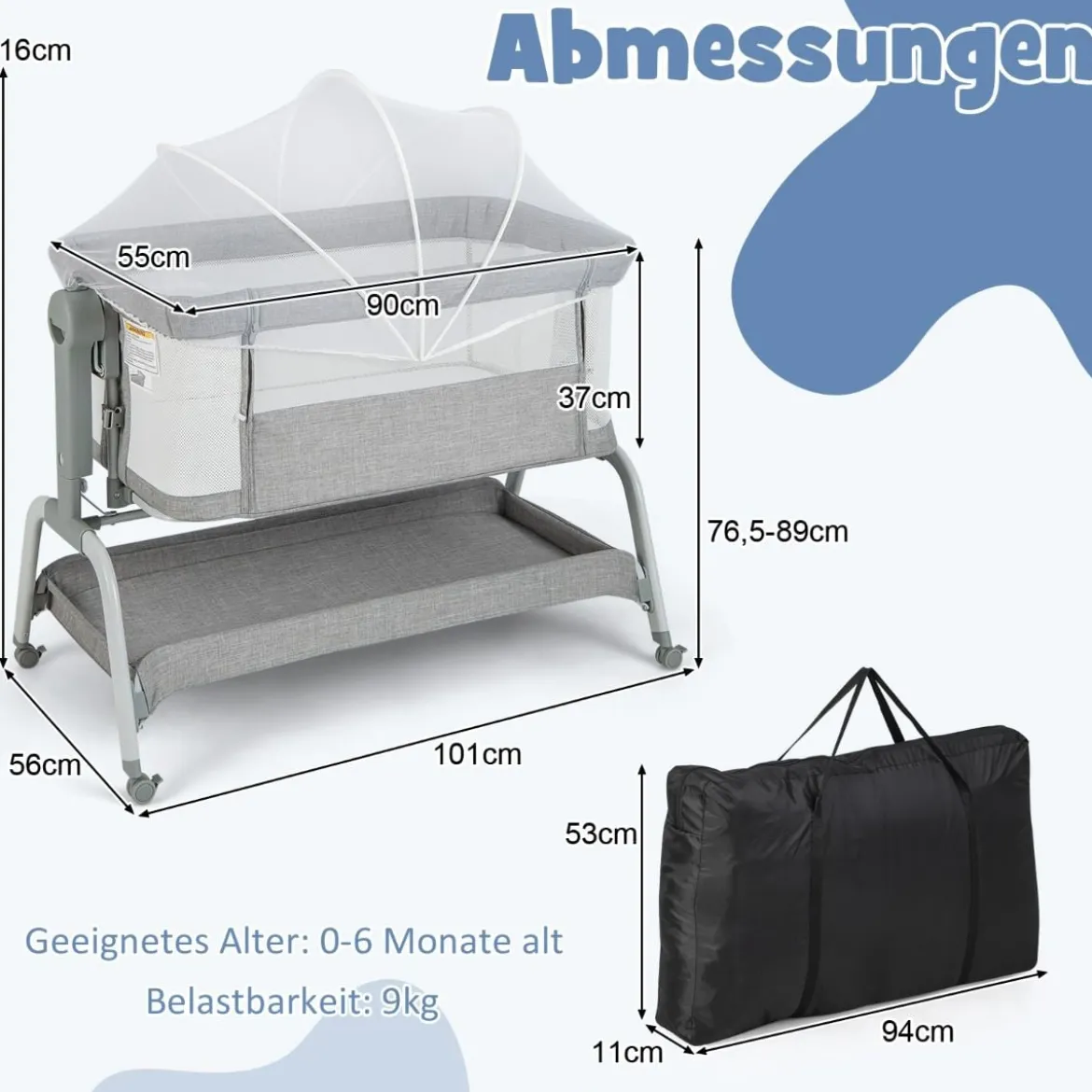 4 in 1 Mobiles Babybett mit Moskitonetz & Matratze & 6 Verstellbaren Höhen Grau