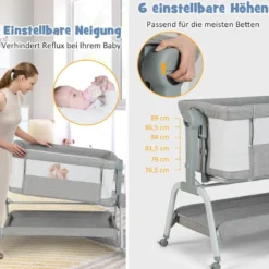 4 in 1 Mobiles Babybett mit Moskitonetz & Matratze & 6 Verstellbaren Höhen Grau