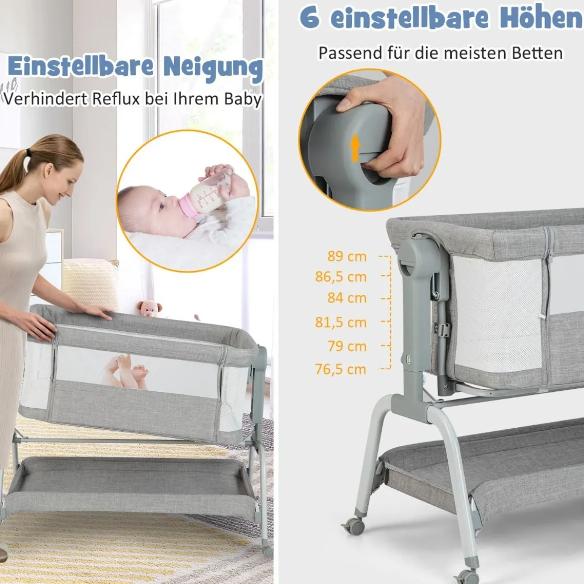 4 in 1 Mobiles Babybett mit Moskitonetz & Matratze & 6 Verstellbaren Höhen Grau