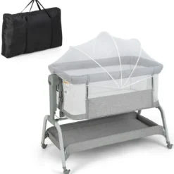 4 in 1 Mobiles Babybett mit Moskitonetz & Matratze & 6 Verstellbaren Höhen Grau