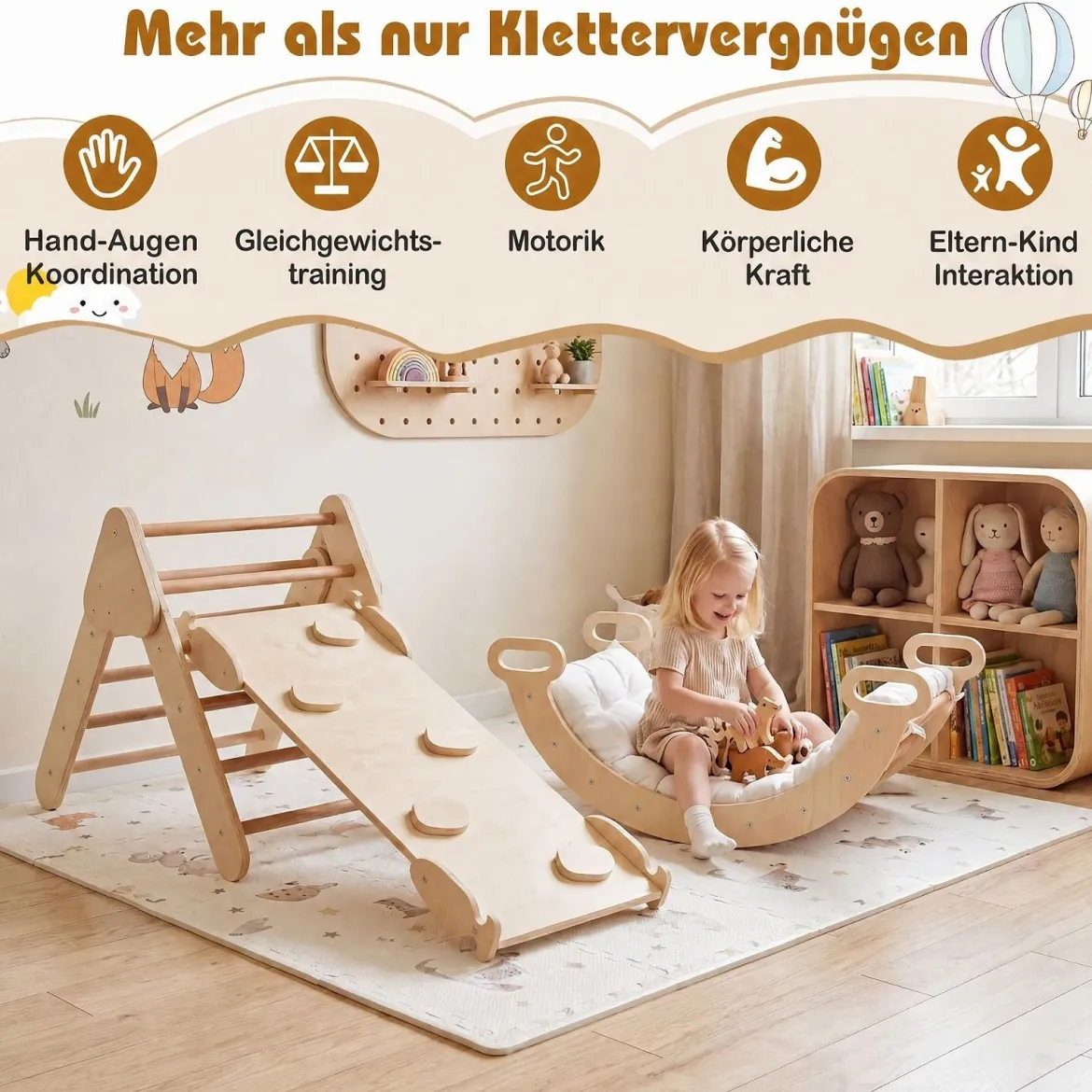 3 in 1 Montessori Klettersset aus Holz Spielset für Kinder ab 1 Jahr Klettergerüst Set Natur