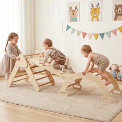 3 in 1 Montessori Klettersset aus Holz Spielset für Kinder ab 1 Jahr Klettergerüst Set Natur