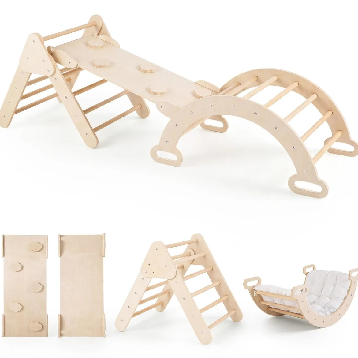 3 in 1 Montessori Klettersset aus Holz Spielset für Kinder ab 1 Jahr Klettergerüst Set Natur