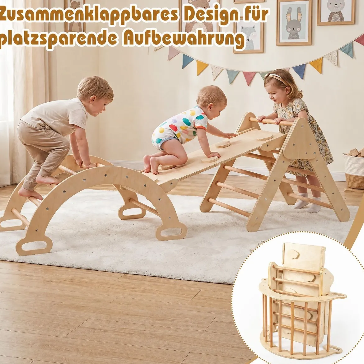 3 in 1 Montessori Klettersset aus Holz Spielset für Kinder ab 1 Jahr Klettergerüst Set Natur