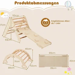 3 in 1 Montessori Klettersset aus Holz Spielset für Kinder ab 1 Jahr Klettergerüst Set Natur