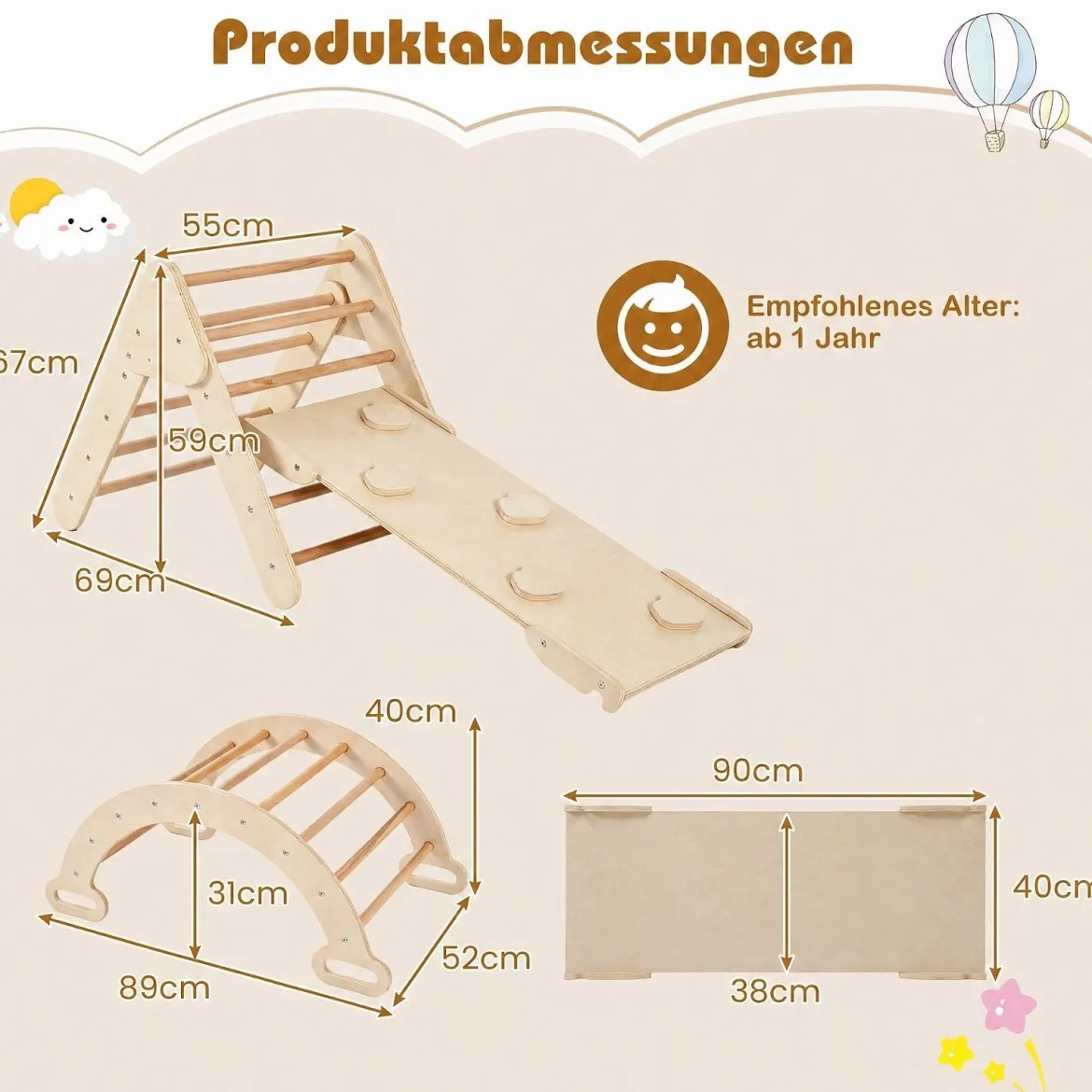 3 in 1 Montessori Klettersset aus Holz Spielset für Kinder ab 1 Jahr Klettergerüst Set Natur