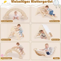3 in 1 Montessori Klettersset aus Holz Spielset für Kinder ab 1 Jahr Klettergerüst Set Natur