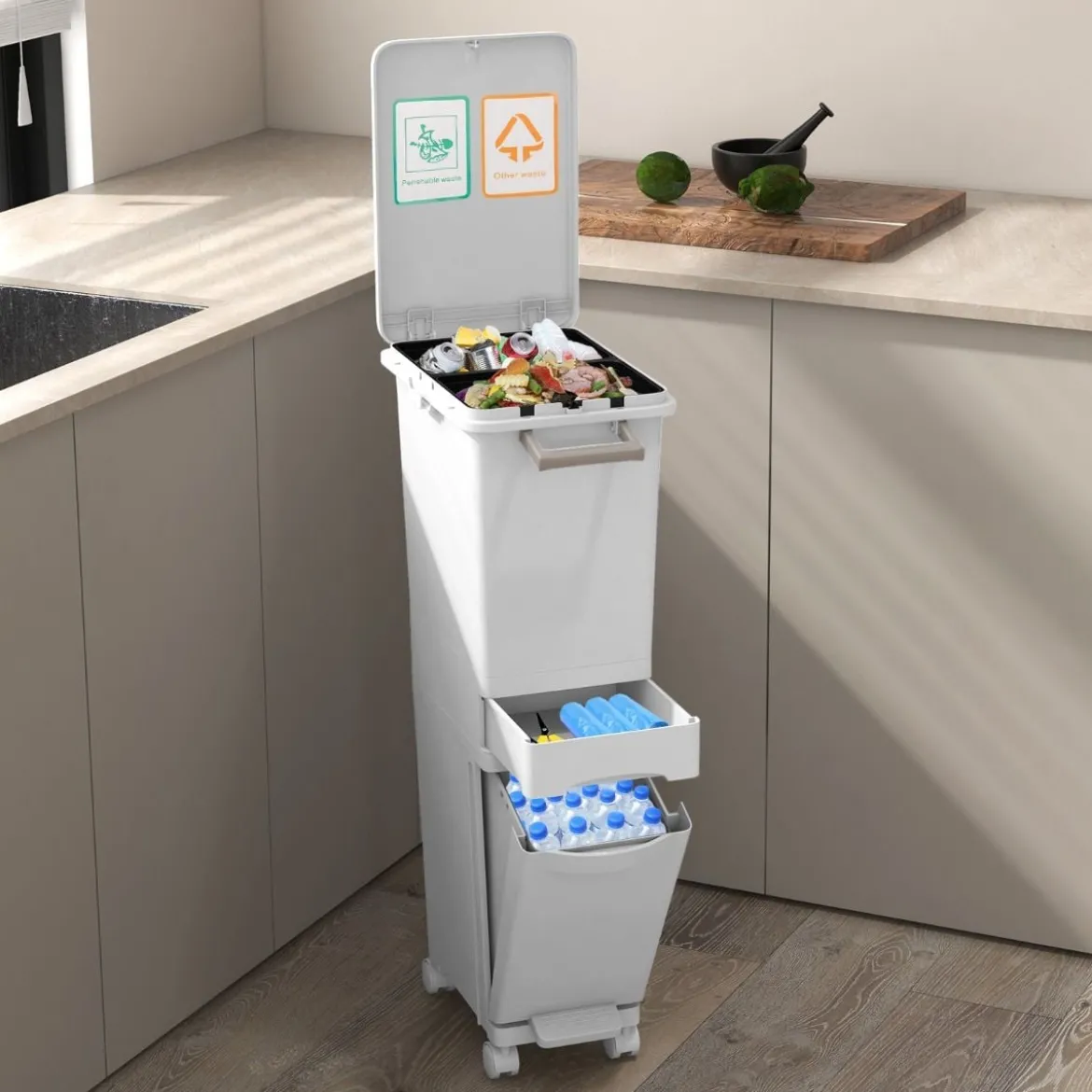3 in 1 Multifunktionaler Mülleimer mit Neigbarem Unterem Behälter Küchenabfalleimer