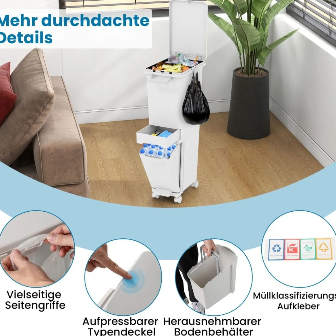 3 in 1 Multifunktionaler Mülleimer mit Neigbarem Unterem Behälter Küchenabfalleimer