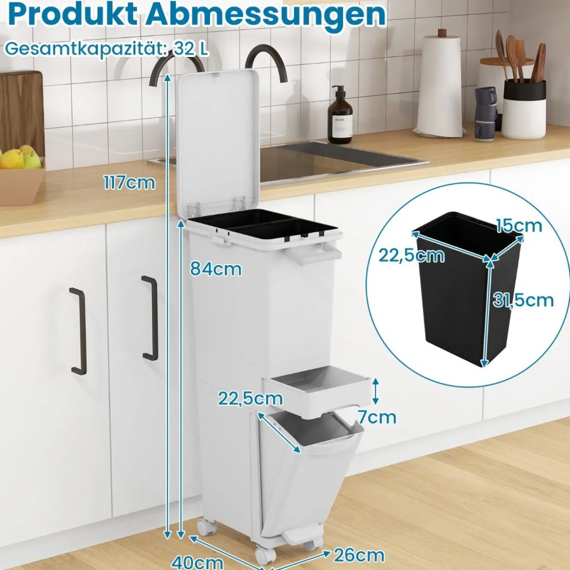 3 in 1 Multifunktionaler Mülleimer mit Neigbarem Unterem Behälter Küchenabfalleimer