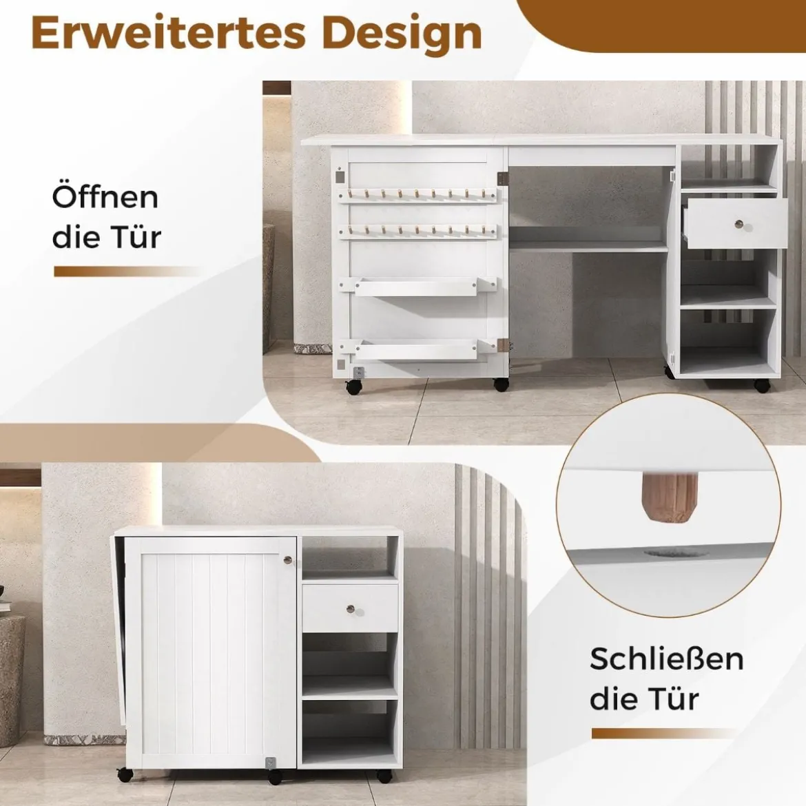 2 in 1 Nähschrank Schreibtisch klappbar Nähmaschinentisch mit Ablageflächen Weiß