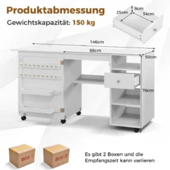 2 in 1 Nähschrank Schreibtisch klappbar Nähmaschinentisch mit Ablageflächen Weiß