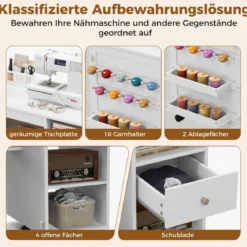 2 in 1 Nähschrank Schreibtisch klappbar Nähmaschinentisch mit Ablageflächen Weiß